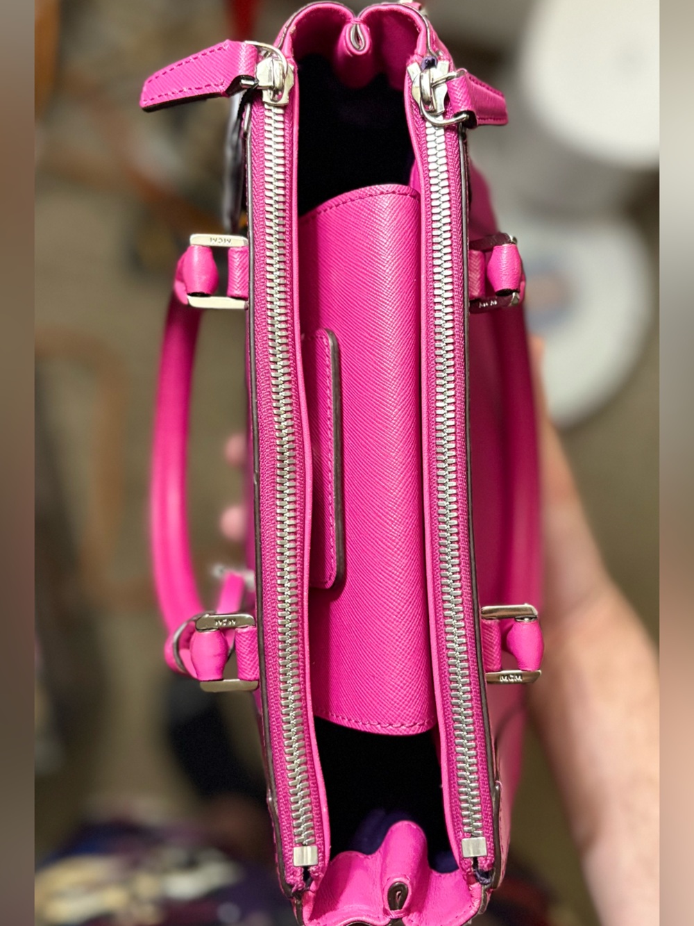 MCM Hot Pink Saffiano Leather Double Zip Satchel Crossbody Bag COA & Dust Bag - Picture 3 of 8